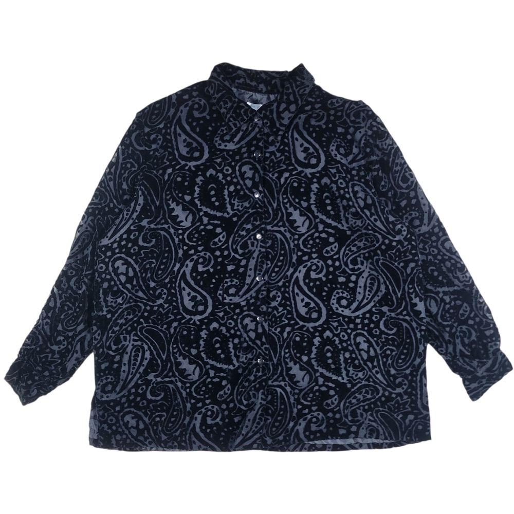 Annie‎ Alexander Velvet Burnout Top Womens 2X Black Paisley Button Front Blouse
